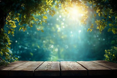 Rustic wooden table under bright sunlight and lush green leaves. Dreamy blurred backdrop with sparkling bokeh provides an airy and inviting atmosphere.の素材