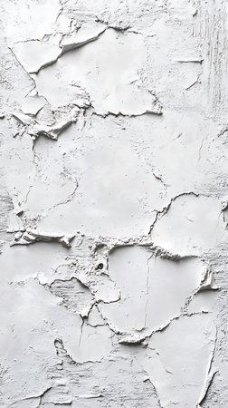 Vertical view of a heavily textured white surface showcasing a distressed paint layer. Features cracking, peeling and weathered appearance on a grunge wall.の素材