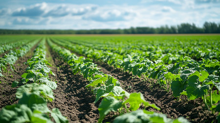 Image displays orderly rows of bright green plants growing in a farmland field under a blue sky dotted with soft clouds during a sunny day.の素材