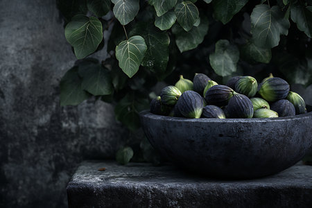Still life featuring figs in a dark stone bowl set against a dark stone wall adorned with green foliage, creating a moody, organic, and textured composition.の素材