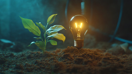 An electric light bulb is glowing brightly on soil beside a sprouting plant with green leaves in detailed visual with an out-of-focus background.の素材