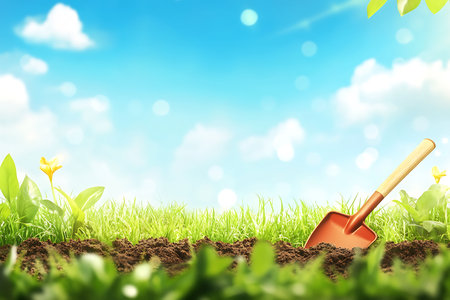 Outdoor shot showcases garden with brown soil, green grass and shovel under bright sky, creating tranquil spring environment.の素材