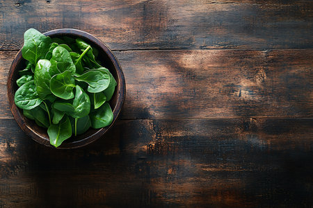This image features a rustic wooden bowl filled with fresh, raw spinach leaves, set against a dark wooden table. Top view shot.の素材