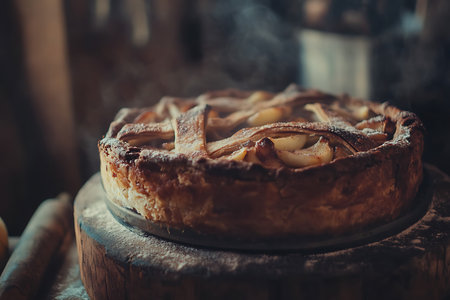 Eye-level shot of a freshly baked apple pie with a lattice crust, sitting atop a rustic wooden platter with a dusty surrounding for a homemade feel.の素材