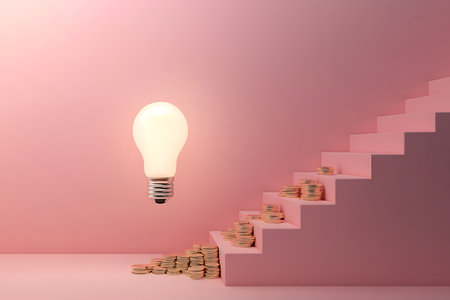 Image depicts a glowing bulb near stacks of coins on a pink staircase against a soft pink background. 3D render showcases soft lighting.の素材