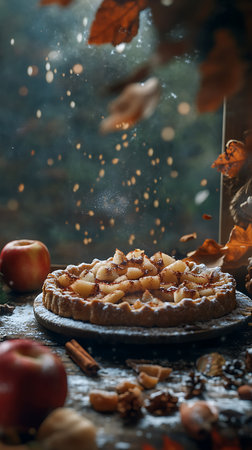 Eye-level shot features an apple pie on a wooden surface, dusted with powdered sugar, alongside autumn leaves, adding a festive, cozy touch.の素材