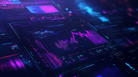 Abstract technology display featuring a pink line graph, data matrix, and complex tech patterns. Neon light emphasizes the interface elements.の素材