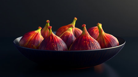 Close-up shows ripe, red figs with yellow tops, clustered in a dark bowl against a dark background, conveying healthy eating.の素材
