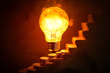 Captivating staircase formed from stacked coins leading to a bright bulb on a brown background. Illustrates concepts of growth and success.の素材