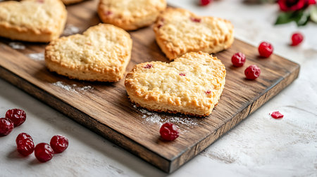 Several heart-shaped cookies are scattered on a wooden board with powdered sugar, accompanied by red cherries. Focus on detail and texture.の素材