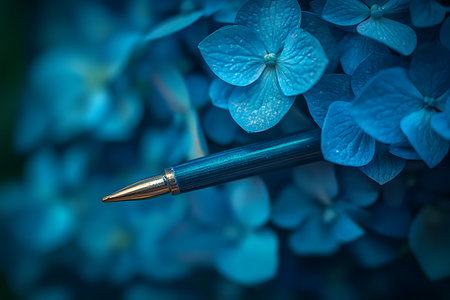 Close-up still life with golden nib pen placed horizontally among petals of blue hydrangea flower and leaves in dark ambient natural lighting.の素材