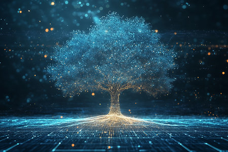 Abstract depiction featuring a glowing tree design connected to a digital network, emphasizing technology, data flow, and futuristic elements.の素材