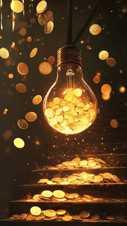 Illuminated light bulb filled with gold coins over staircase. Coins falling around the bulb and stair creating a golden rain effect in dim, dark setting.の素材