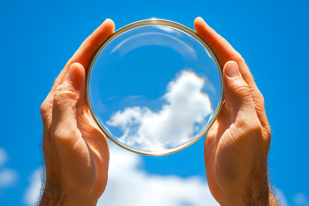 Close-up view of hands holding a lens reflecting a vibrant blue sky with fluffy white clouds, captured on a sunny day. Focus on clarity and perspective.の素材