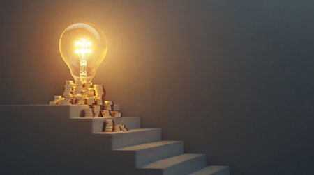 A lit lightbulb sits atop stacks of gold coins arranged on a staircase, set against a gradient backdrop in a dimly illuminated setting, highlighting finance growth.の素材