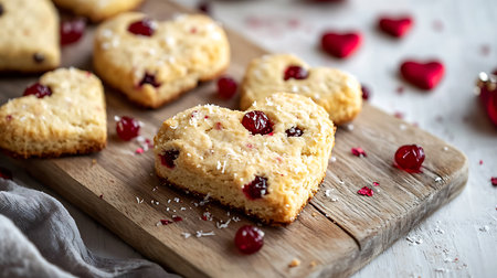 Close up shot shows fresh, golden heart shaped scones garnished with cherries and coconut flakes, arranged on a rustic wooden board, evoking warmth.の素材
