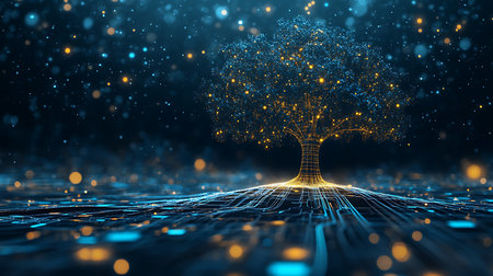 Abstract image shows a network connections forming a tree with digital circuitry on dark gradient background and bokeh particles, representing future technology.の素材