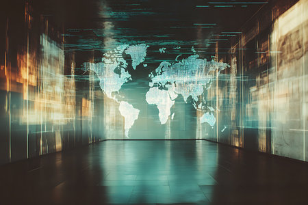 A minimalist room is illuminated by a blue digital world map on glossy walls, creating a hi-tech global network visualization. Reflected light and sleek design.の素材