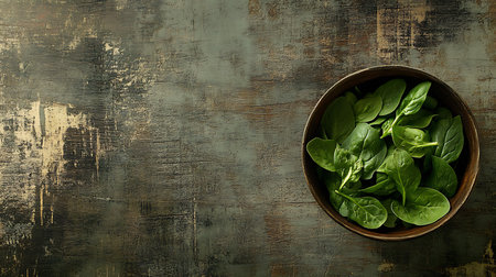 Fresh spinach leaves inside wooden bowl sitting on a rustic wooden tabletop surface viewed from above. Flat lay with copy space provided.の素材