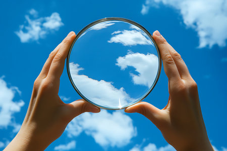 Two skin tone hands are seen holding a round optical lens that captures blue sky with clouds in the background.の素材