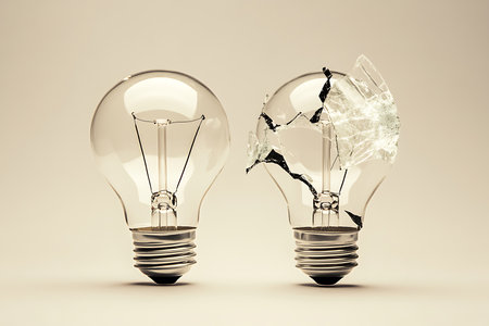 Close-up features an unbroken lightbulb next to a broken bulb; Filament visible against a neutral backdrop. Illustrates fragility, contrasts and light concept.の素材