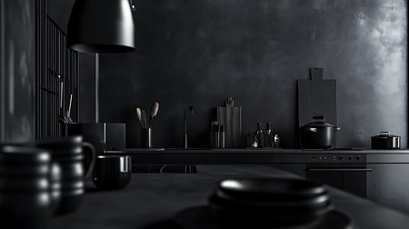 Interior of a dark kitchen featuring cooking utensils, oil bottles, mugs, plates, wooden cutting boards, and pots and pans with countertop and a light fixture.の素材