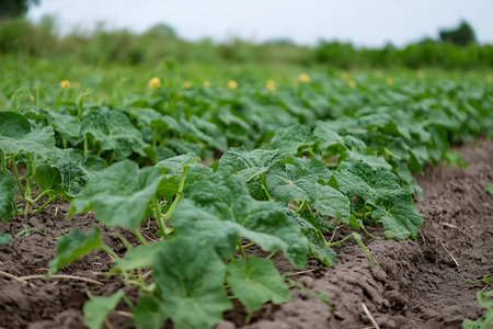 Rows of vibrant green pumpkin plants sprout in neat rows from the rich, cultivated brown soil under soft light with blurred green vegetation backdrop.の素材