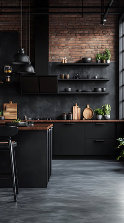 Interior of a modern kitchen showcasing black cabinets, a kitchen island with a chair, floating shelves, a brick wall, and elegant decorative elements.の素材