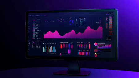 Financial data displayed on a modern monitor features various diagrams and charts on a dark backdrop in blue and pink hues, designed for data analysis.の素材
