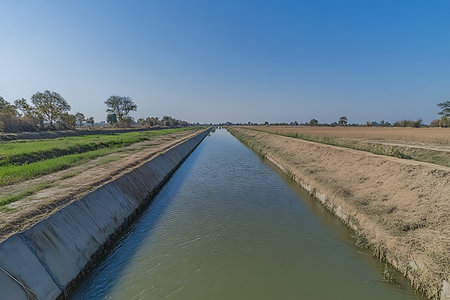 A long shot of an irrigation canal extending through fields, lined by soil. The water reflects the clear blue sky above in a rural, serene environment.の素材