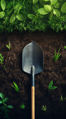 Top-down studio shot featuring a metal shovel on dark soil, surrounded by varied green plants and leaves. Earthy textures and verdant growth.の素材