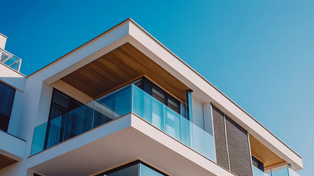 Exterior architectural details of a modern white building with glass balconies. Sunny day with a clear blue sky. Features wooden ceiling and shutters.の素材
