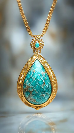 Detailed close-up displaying a luxurious gold chain with a teardrop turquoise pendant accented by decorative gold elements and a blurred background.の素材