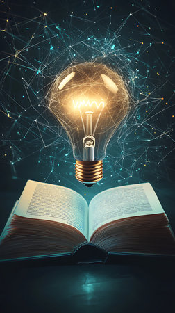 An open book is shown with a glowing lightbulb above it. The lightbulb has a visible filament and is set against an abstract network background.の素材