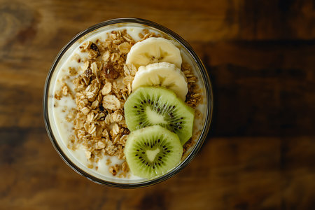 Top-down view shows a glass filled with creamy yogurt, crunchy granola, plump raisins, and fresh banana and kiwi slices against a dark brown background.の素材