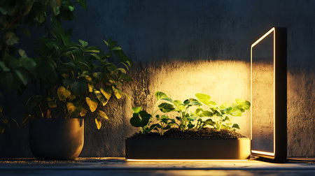 Indoor plants in pots are illuminated by a modern light fixture against a rustic, textured wall casting warm light upward and creating a serene ambiance.の素材