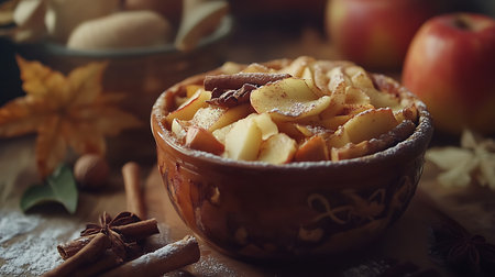 Close-up view of rustic bowl containing sliced apples, cinnamon sticks, and anise star, lightly dusted with icing sugar on a dark wooden table.の素材