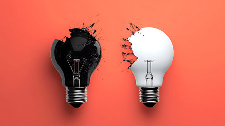 Image shows a broken black and white lightbulb with shards and fragments scattered, set against a vivid red background, symbolizing fracture.の素材