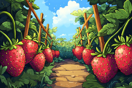 Captivating strawberry field art featuring vibrant red fruits, green leaves on trellis, a rustic pathway, and blue sky in a cartoon style garden.の素材