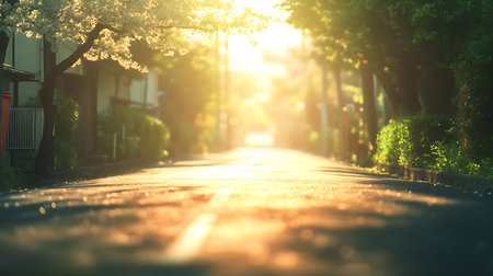 Captivating perspective of a street with trees in bloom and greenery casting shadows under a golden sun, evoking warmth and a vibrant mood.の素材