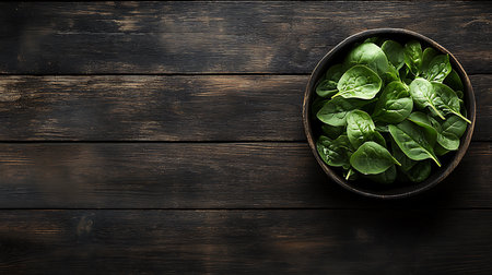 Appealing fresh spinach in a wooden bowl displayed on a rustic wooden surface, showcasing natural colors and textures for culinary content.の素材