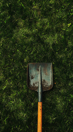 Overhead shot of a used metal shovel featuring a wood handle, centered on a surface of dense, bright green grass. Vertical format and natural light.の素材