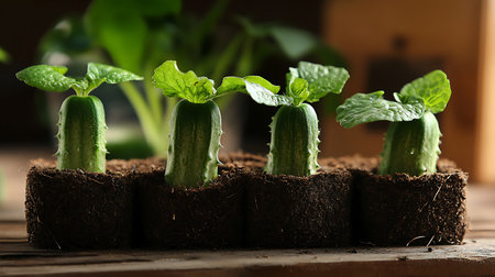 Row of young cucumber seedlings with vibrant green leaves rooted in brown soil cubes. The small sprouts are on a wooden surface, capturing indoor cultivation.の素材