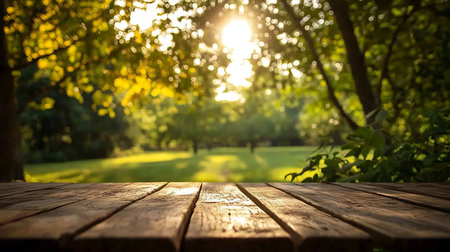 Brown wooden planks in soft sunlight bokeh background featuring green meadow and trees provide scenic outdoor backdrop, ideal for presentations.の素材