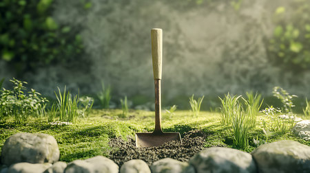 Metal shovel with a worn wooden handle planted upright in the dark soil with vibrant green moss & plants, enhanced by the sunlight.の素材