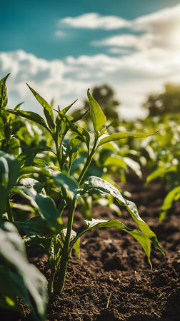 Field of young green pepper plants growing from soil. The background features the sky with sun rays and clouds on a bright sunny day.の素材