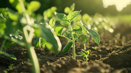 Rising young sprout with vivid green leaves emerging from the soil. Agriculture scene with sunshine in the field. Symbolizes growth, freshness.の素材