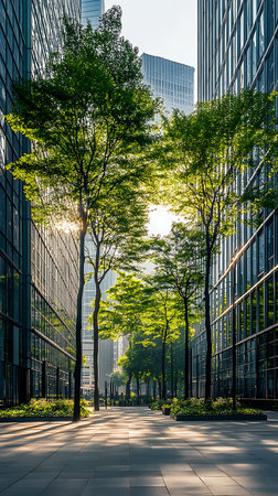 View of a city park with tall green trees lining a pathway between modern glass office buildings on a bright and sunny day, with sunbeams filtering through.の素材