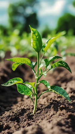 Close-up of a vibrant green pepper plant sprouting from the soil, lush foliage, and bright sunlight in blurred background on nature field.の素材