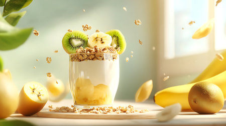 Eye-level close-up shows yogurt in glass topped with banana and kiwi slices with scattered granola, set on wood table with bananas.の素材